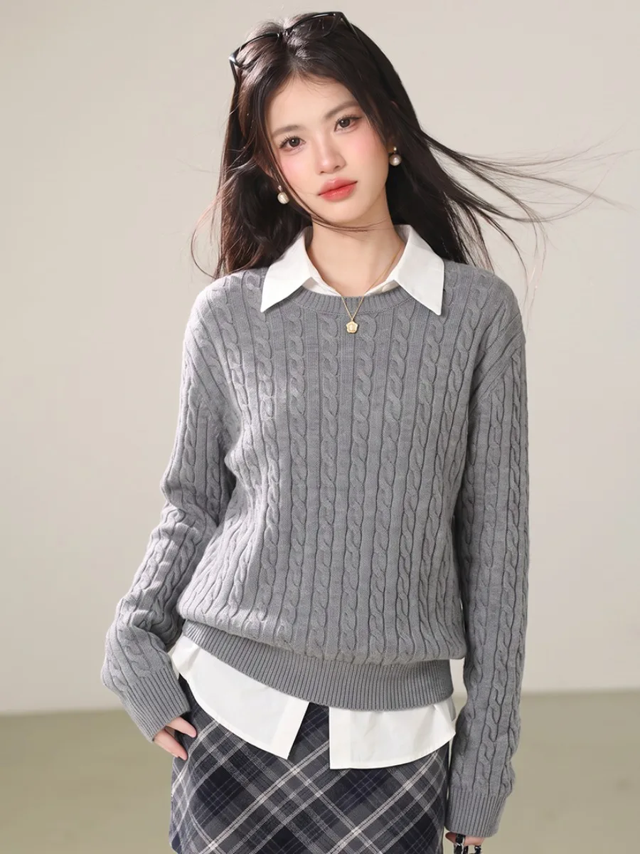 Grey Knitted Sweater Women's Soft Cozy Versatile Top Autumn 2026 New Style Lazy Style Small Size Friendly College Style Regul...