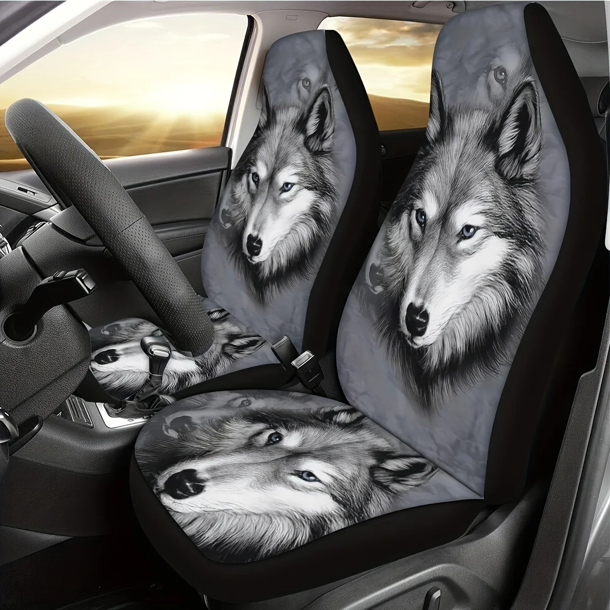 2pcs Big Bad Wolf Print Car Seat Covers - Ice-Slide Fiber Fabric, Realistic Animal Design, Hand Washable, Perfect For Front Seat