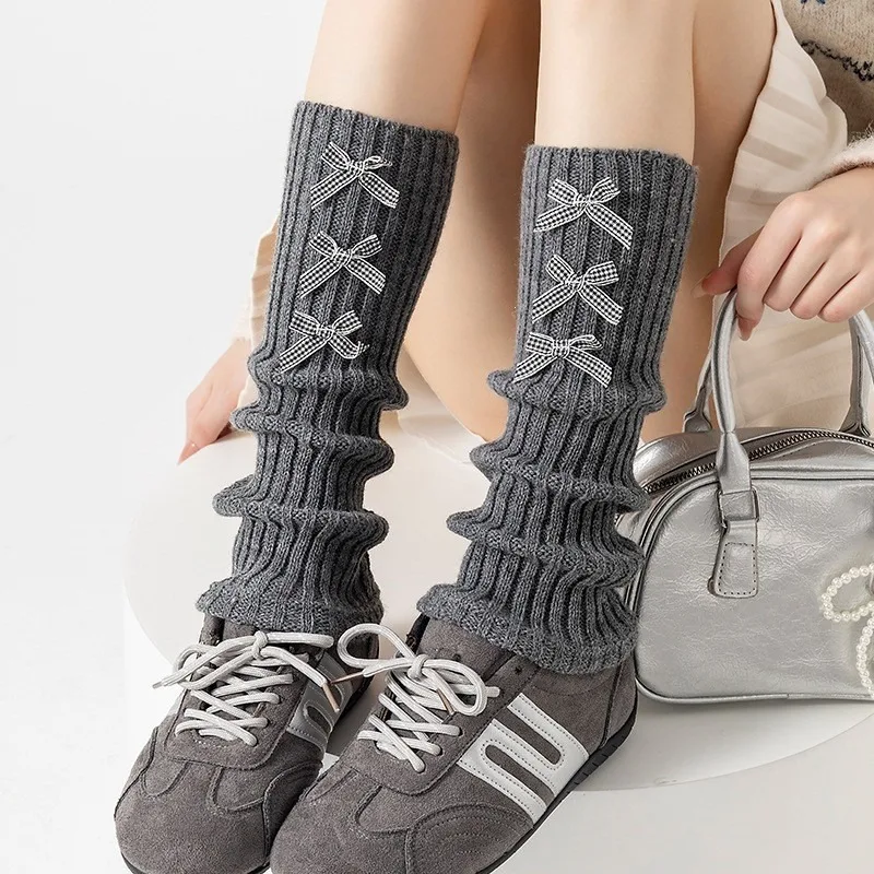 Sweet Cute Plaid Bow Decor Knit Leg Warmers, Ribbed Slouch Footless Calf Sock Covers, Preppy Stacked Sock Covers Boot Cuffs