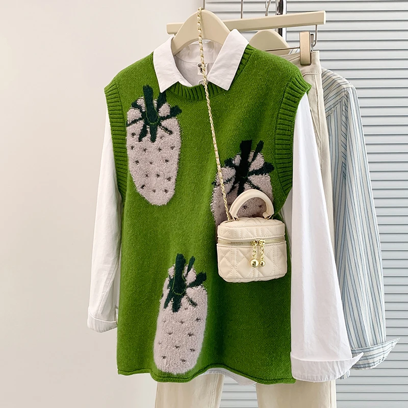 

Новинка осени 2024, корейский круглый пуловер больших размеров, жилет с вышивкой, свитер, верхняя одежда, универсальный Agel