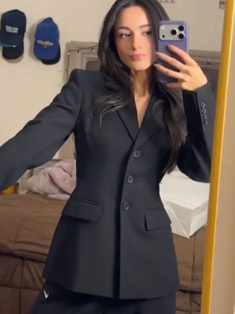 Elegant Blazer Coats Women Solid Lapel Single Breasted Full Sleeve Waist-slim Jackets 2026 Autumn Winter Commute Outwear Lady
