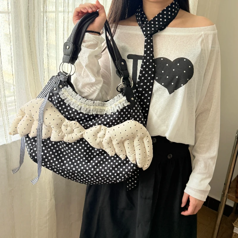 Original Wings Y2K Subculture Millennial Spice Girl Polka Dots Large Capacity Tote Bag Two-sided Back Shoulder Bags for Women