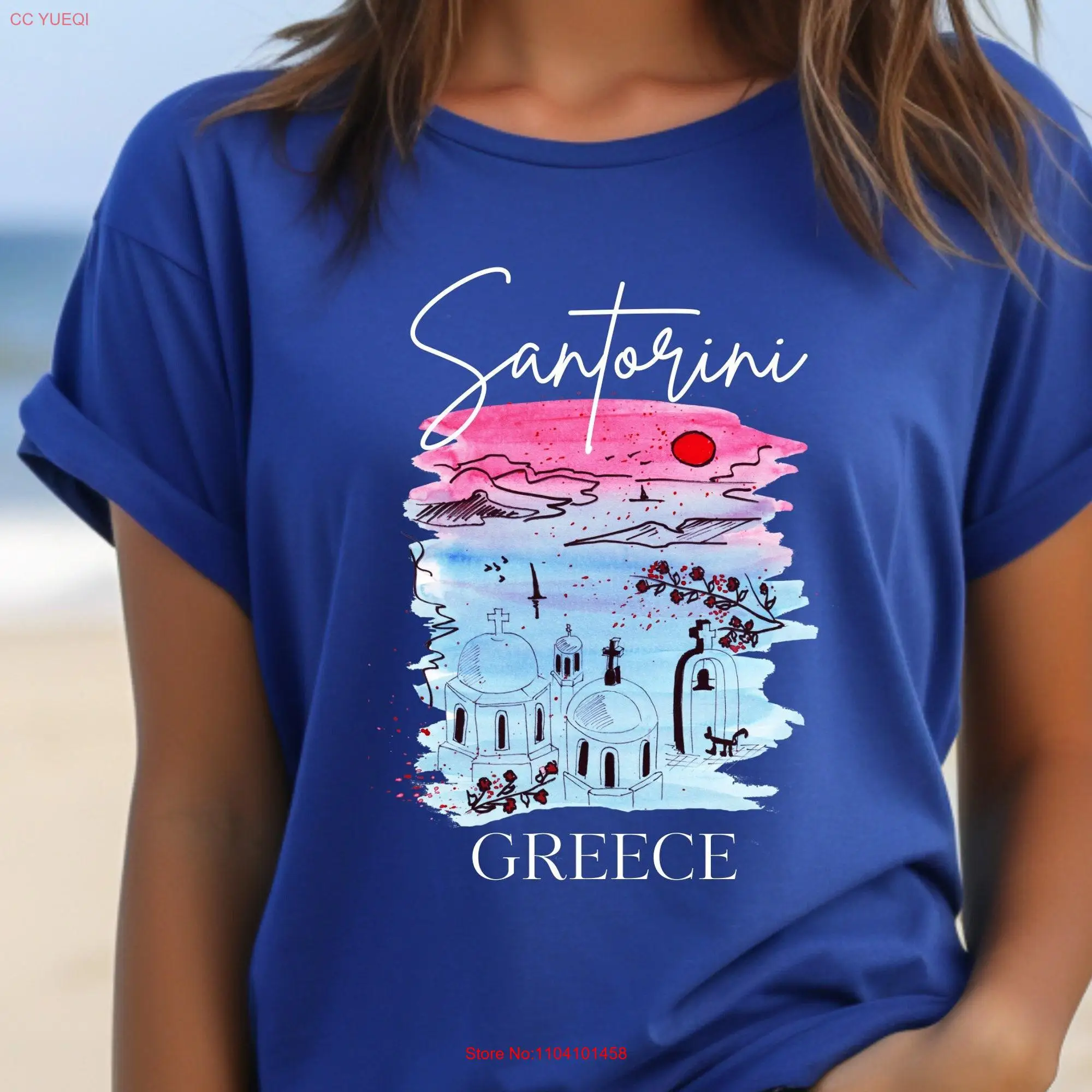 Santorini Greece T Shirt For Women Greek Island Souvenir long or short sleeves