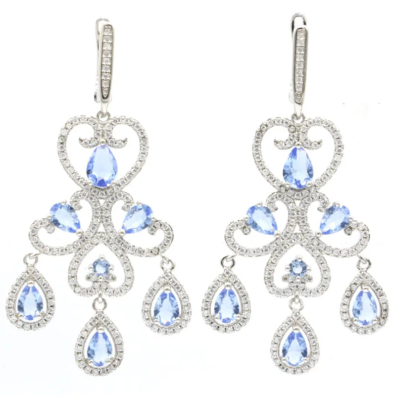 Buy 4 Get 1 Free 56x24mm Elegant Long Big London Blue Topaz Kunzite Iolite Smoky Topaz CZ Ladies Dating Silver Dangle Earrings