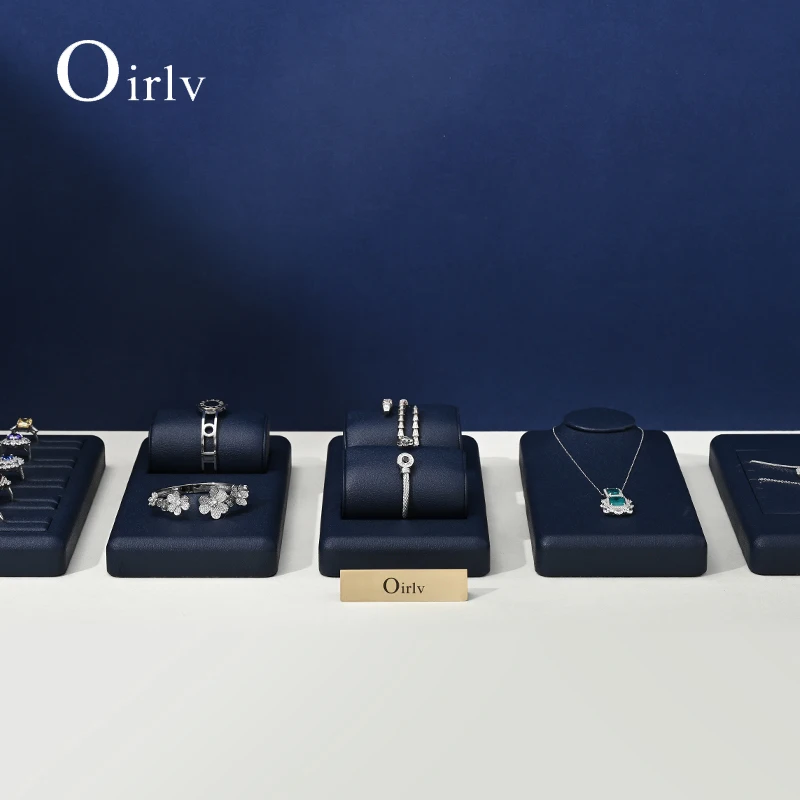 Oirlv Fashion Leather Jewelry Display Set for Earring Ring Necklace Bangle Shop Counter Jewelry Display Props Blue