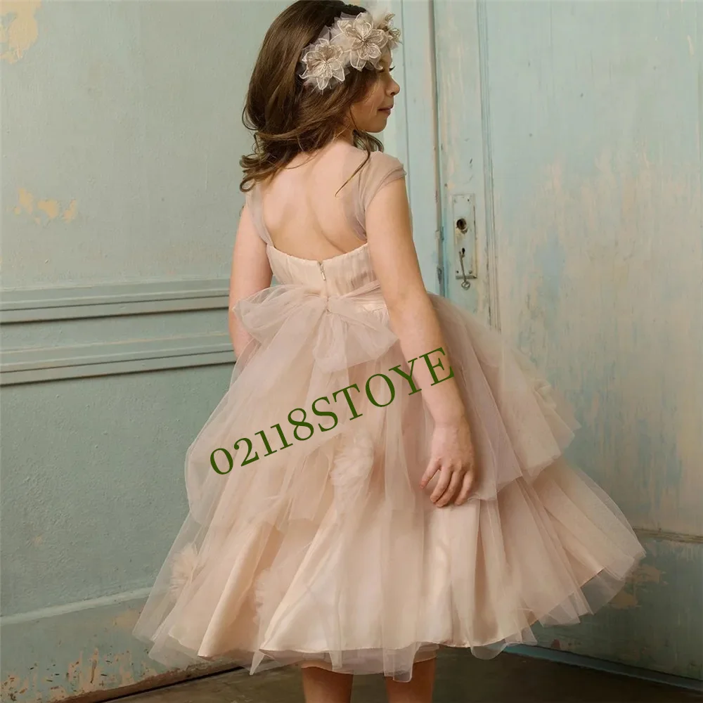 Hot Sale Wedding Flower Girl's Dresses Sleeveless Ruched Applique A-Line Tulle Tea-Length Champagne Pageant Party Gowns