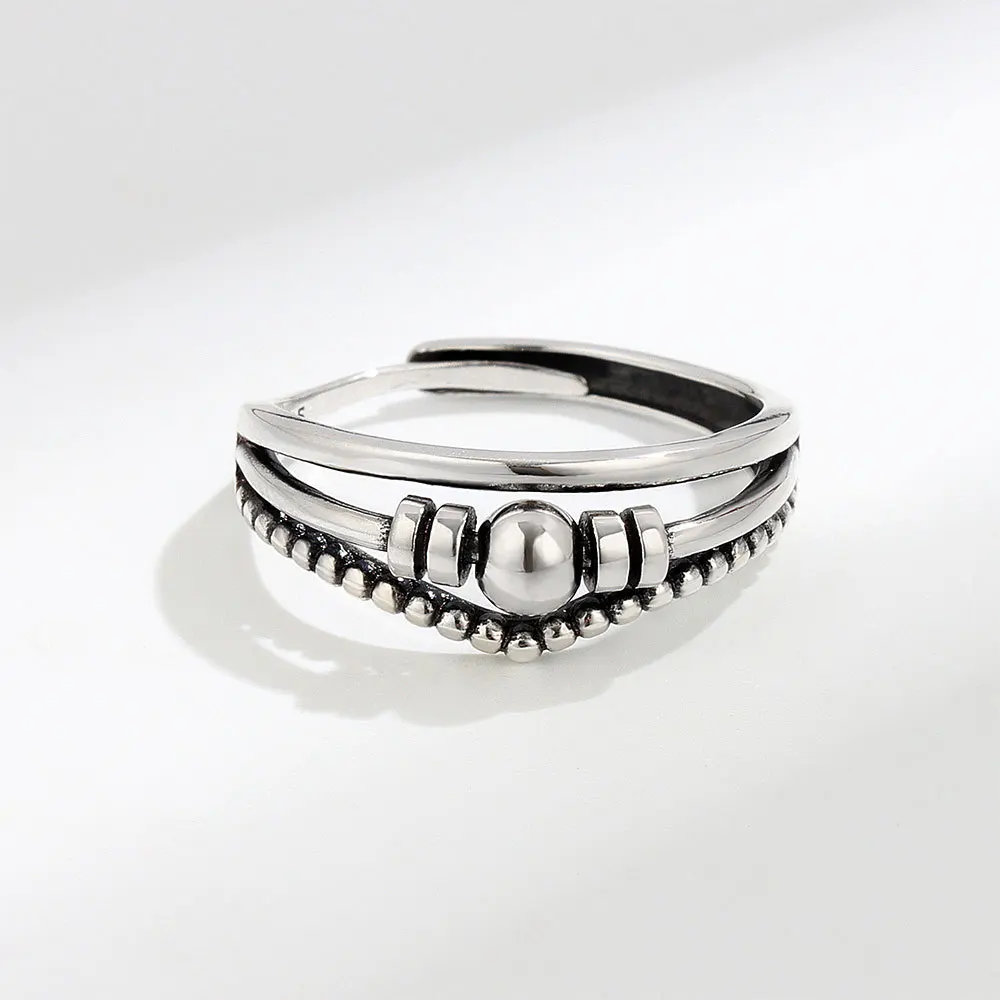 Vintage Round Beads Rotating Anti Stress Ring For Women Twisted Fidget Metal Spinner Anxiety Relief Spinning Ring Bague Femme