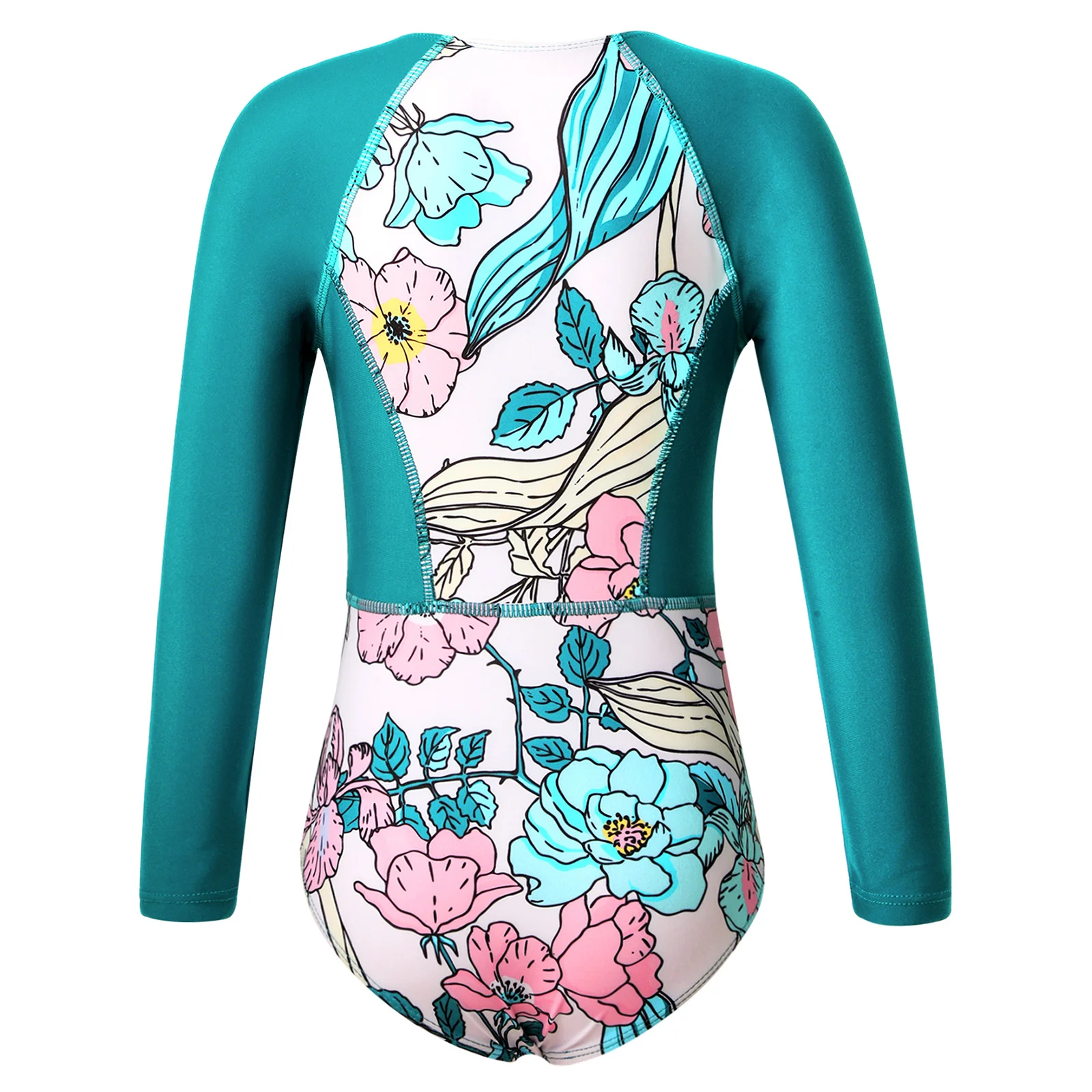 2023 New Girls Swimsuit One Piece Bodysuit Swim Long Sleeve Floral Print Swimwear for Children Summer Surfing Bikini Bathingsuit