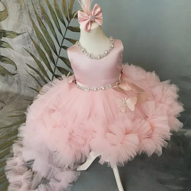 Puffy Mädchenkleid Rosa Babykleid mit Schleppe Blumenmädchenkleid Schleife Niedliche Kindergeburtstagskleider Erstkommunion