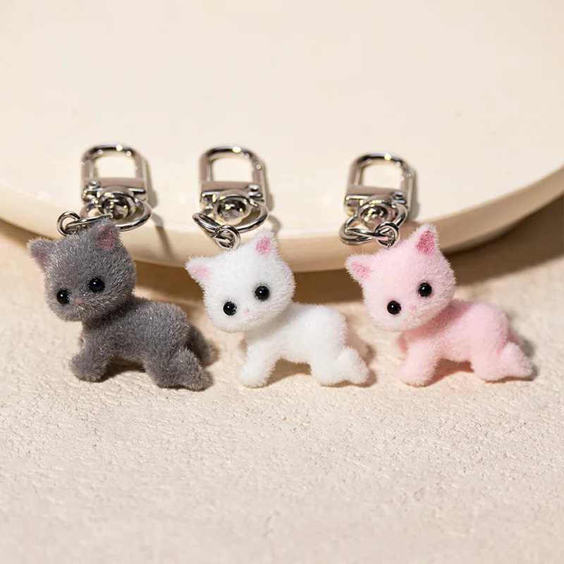 Flocked Pink White Kitty Cat Kawaii Cute Keychain Key Ring Figure Collect Model Backpack Pendant Mini Toy Gift for Kid Boy Girl