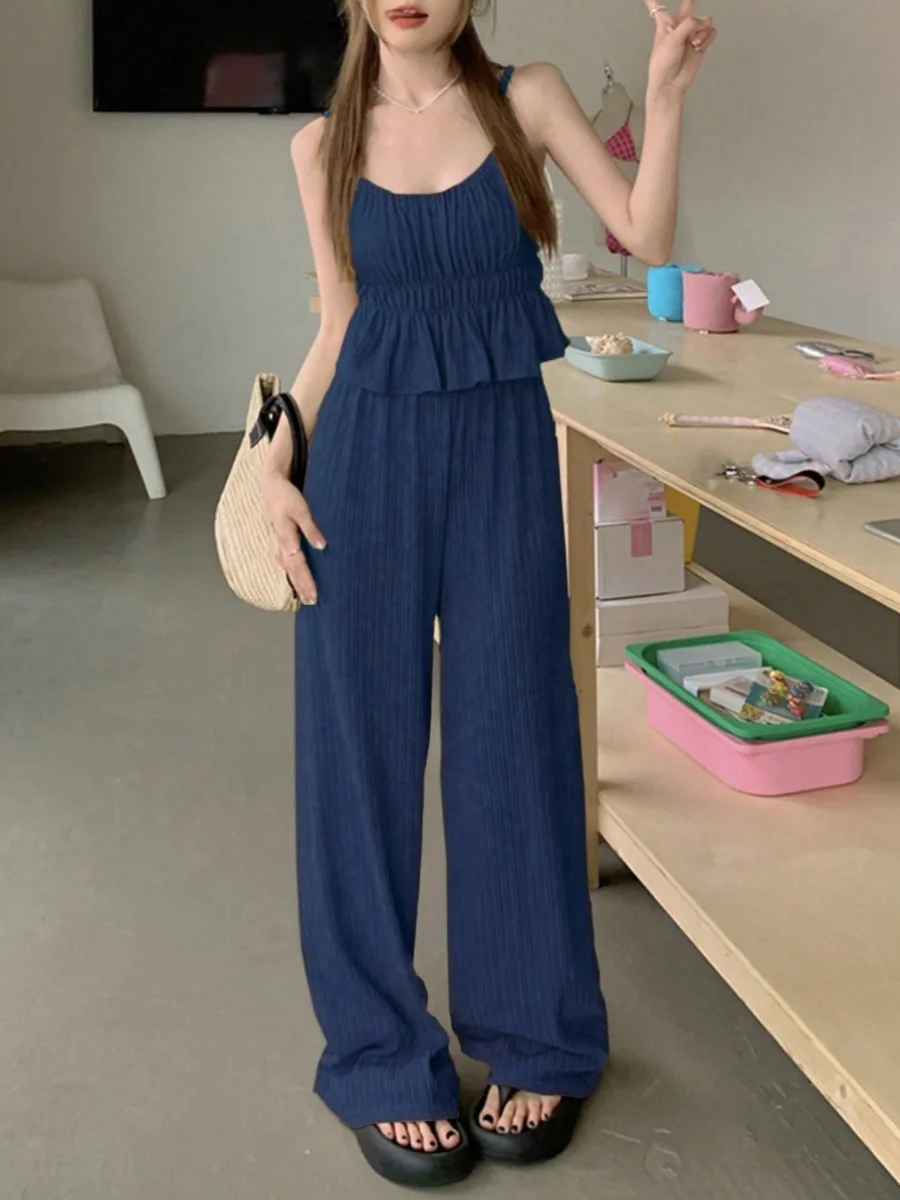 

Летний повседневный комплект для девушек: топ и брюки с высокой талией, свободного кроя, прямые штанины, модный женский ансамбль из двух предметов.