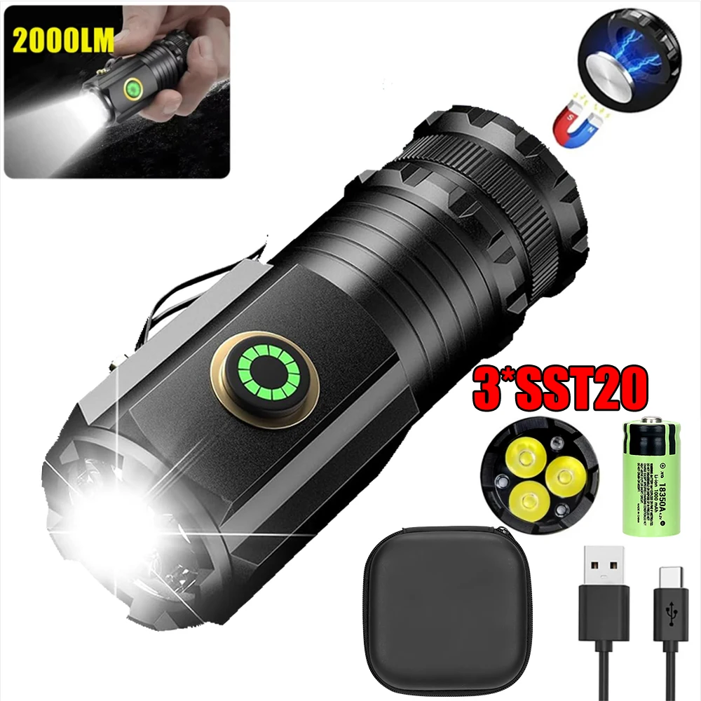 

Powerful Mini EDC LED Flashlight 2000LM Super Bright Rechargeable Aluminium Torch with Tail Magnet Outdoor Camping Hiking Lamp