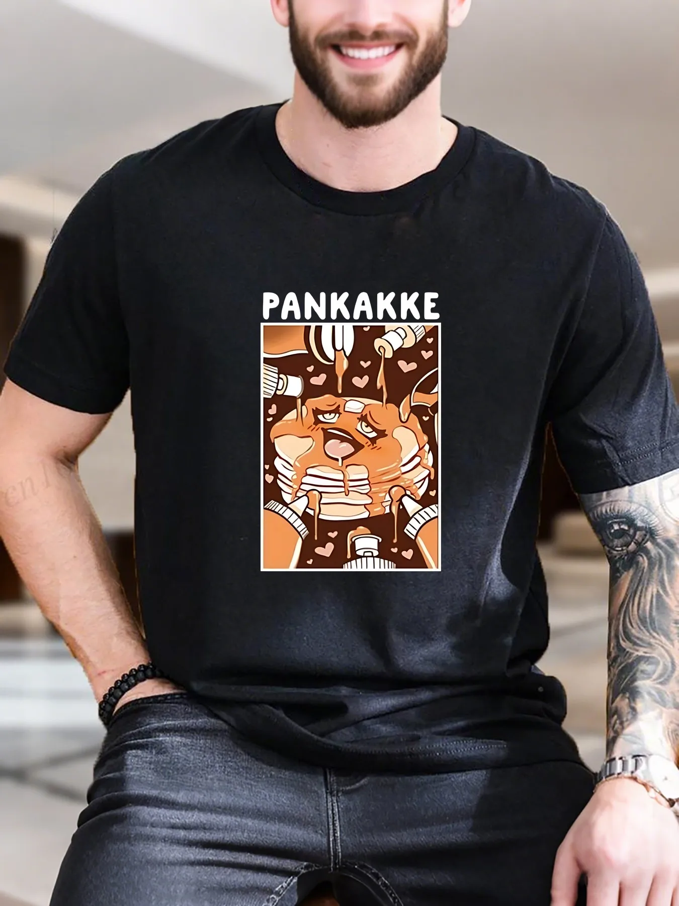 

New Arrival Fashion Men's Graphic Print Short Sleeve T-Shirt Soft 100% Cotton Funny Pancake Syrup Design Casual Comfort Fit Trend