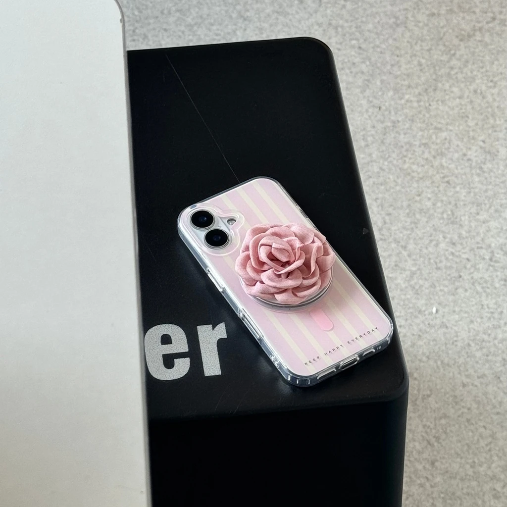 

Sweet Simple Pink White Stripes Stereoscopic Fabric Rose With Holder Magnetic Phone Cover Case for iPhone 16 15 14 13 Pro Max