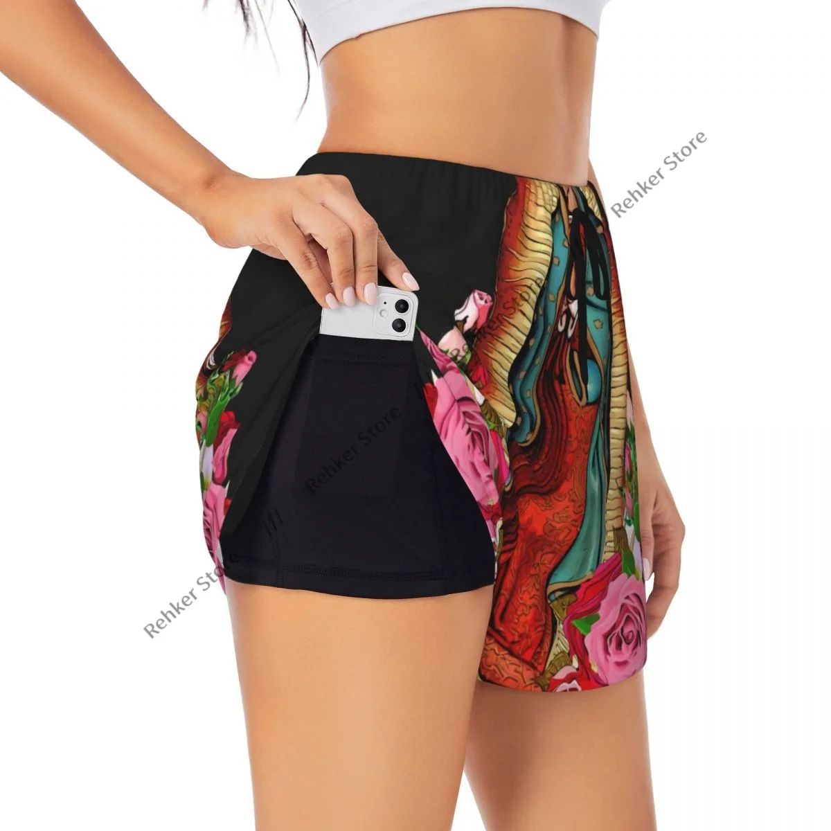 Workout Shorts Women Fitness Quick Drying Double Layer Shorts Our Lady Of Guadalupe Virgin Mary Yoga Short Pants Gym Leggings