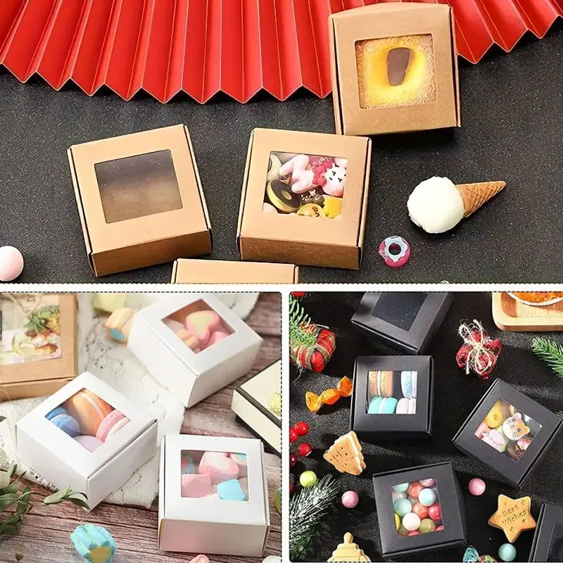 15/30/50pcs Kraft Paper Box,Square Small Gift Box with Round Clear Window,Paper Gift Packaging Box,for Wedding Party Birthday
