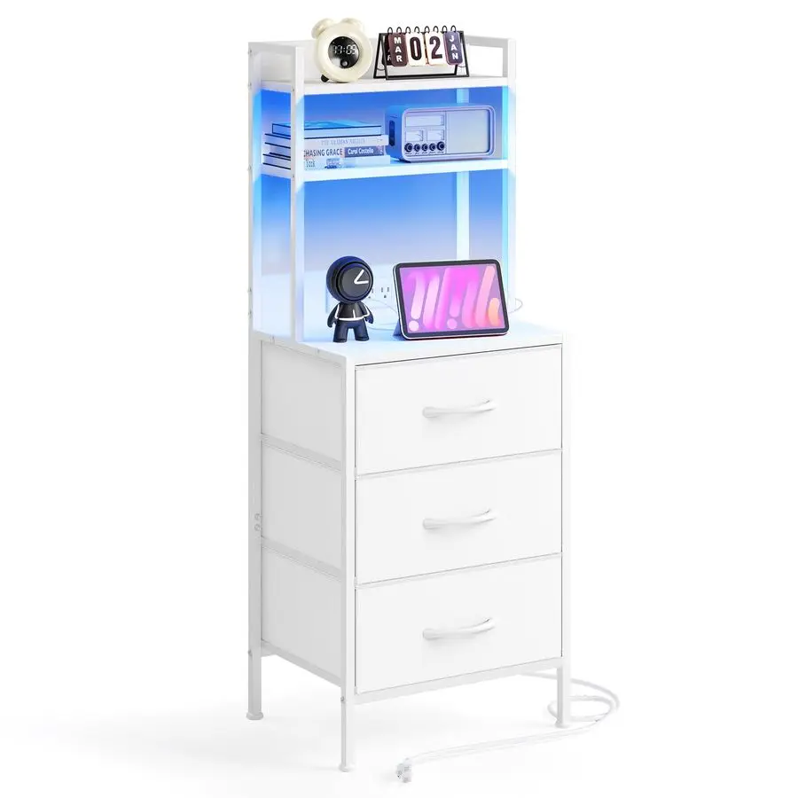 

Tall Nightstand with Charging Station, 41 Inch Led Night Stand with USB Port amp Socket, 3 PU Finished Fabric Storage Drawers,