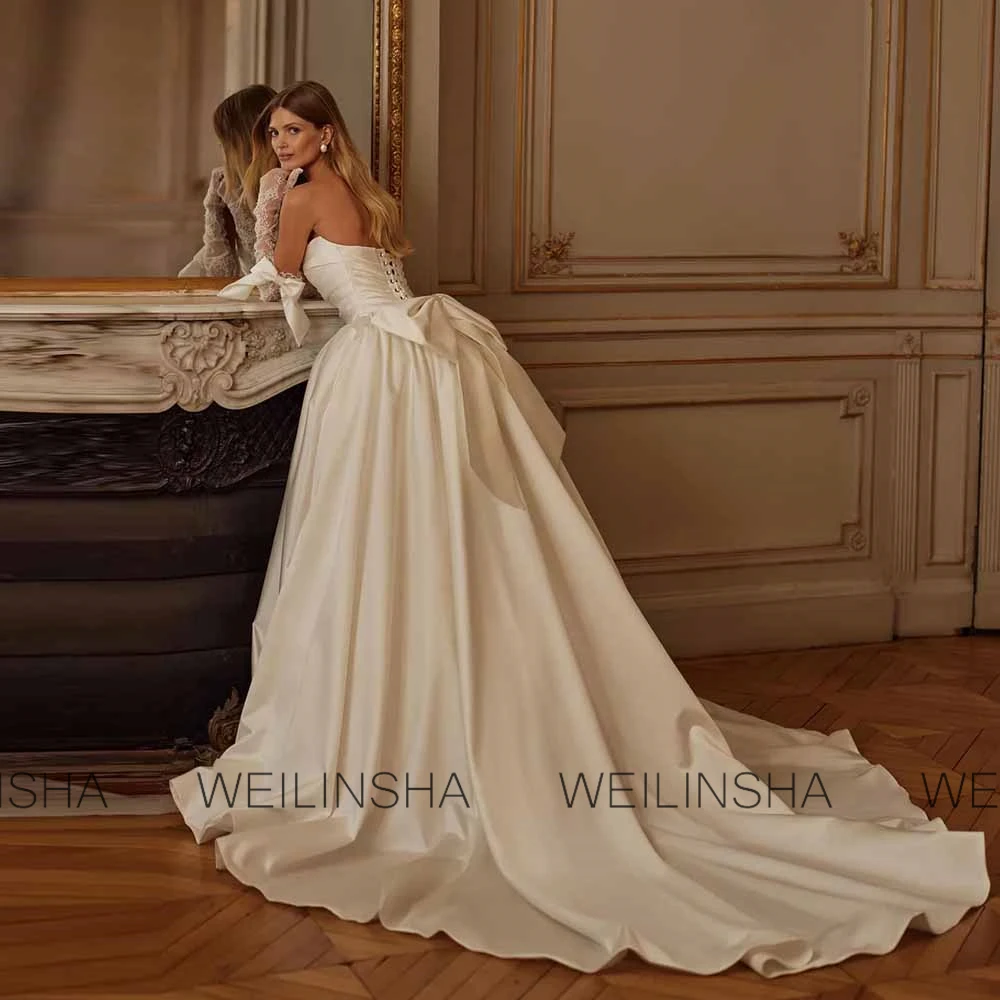 Formele Hal Trouwjurken Satijn A-lijn Bruiloft Jurken Ivoor Off-the-shoulder Kanten Strikjes Ruches Staart Trouwjurken