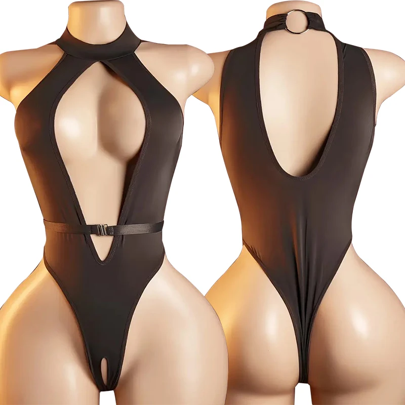 Centered Neck Hanging Design Hollow Backless Tight Fitting Abstinence Style Split Sleeveless Jumpsuit Sexy Uniform Tempting