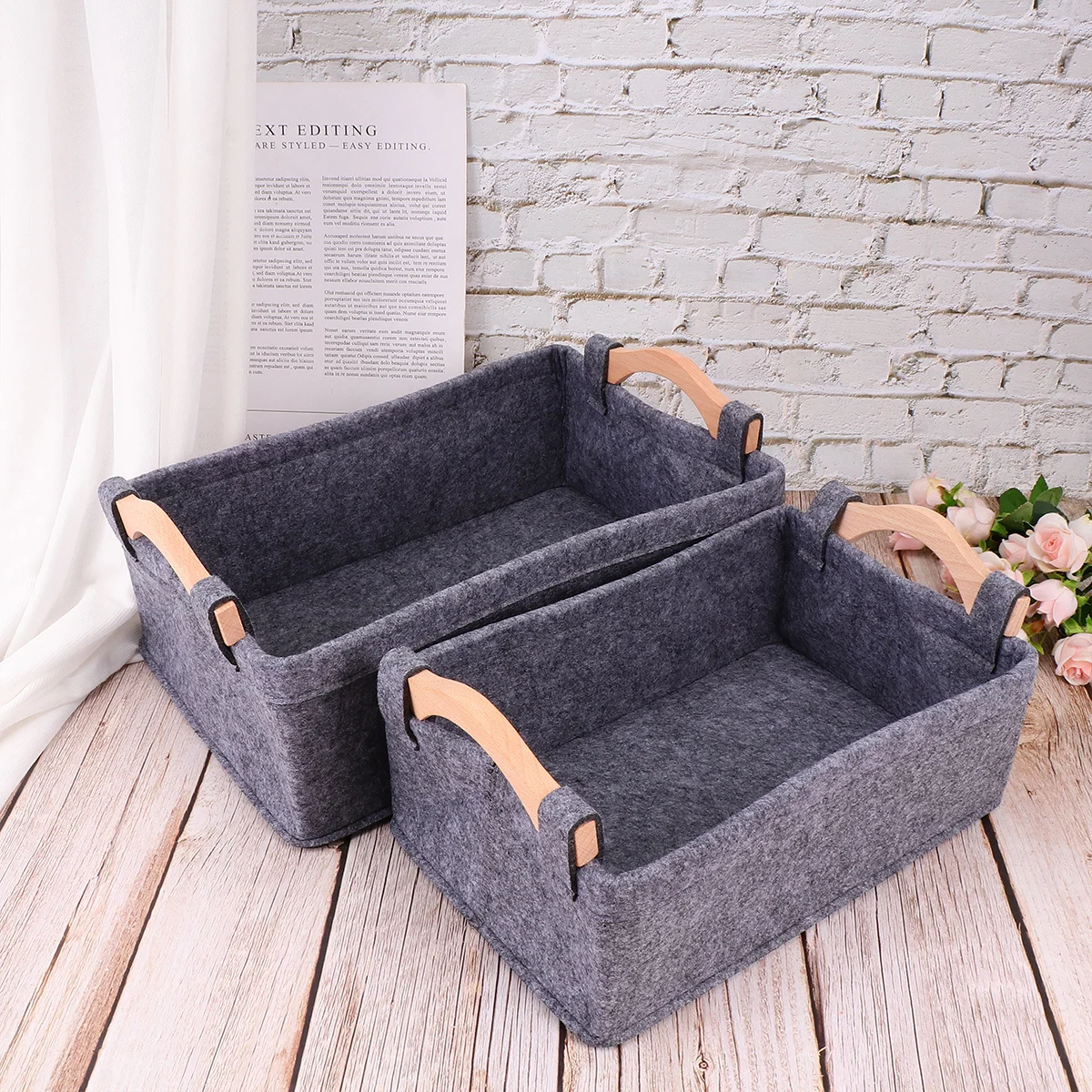 

2pcs Felt Basket Grey Size S With Wooden Handle For Home Office Organizer Books Magazines Dvds Phone Supplies Storage Bin