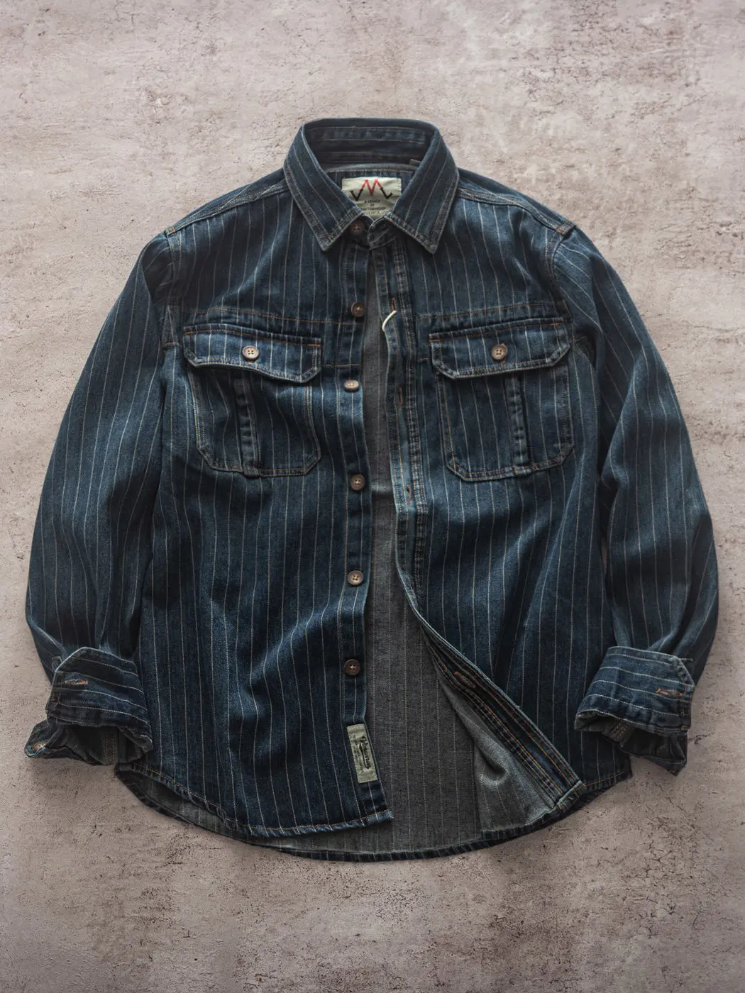 Autumn New American Retro Heavyweight Denim Striped Cargo Shirt Men's 100% Cotton Washed Double Pocket Long Sleeve Lapel Tops