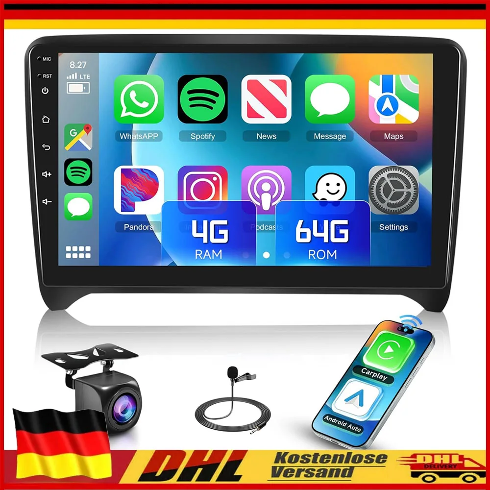 Neues 9"-Doppel-DIN-Touchscreen-Autoradio Multimedia-Video-Player Android 15 GPS-Navigation 5G WiFi Autoradio 4+64G für Audi TT MK2 2006-2014 unterstützt Wireless Carplay Android Auto Bluetooth FM RDS