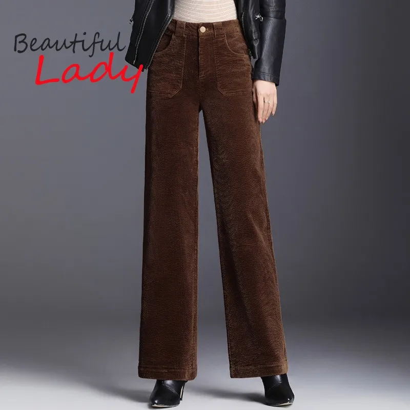 Autumn and Winter New Large Size Corduroy Wide Leg Pants Women Trousers Straight Brown Pants Woman Lady High Waist Purple