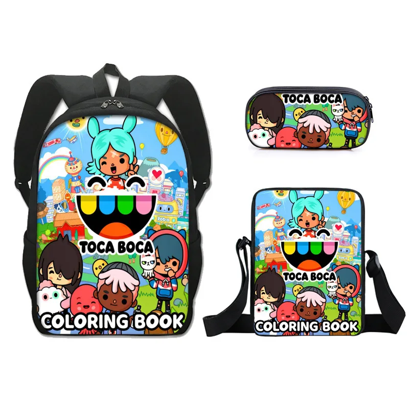 Cartoon mochila Toca Life World para crianças, mochila escolar, bolsa de ombro, bolsa lápis, conjunto de 3 bolsas escolares para menina e menino