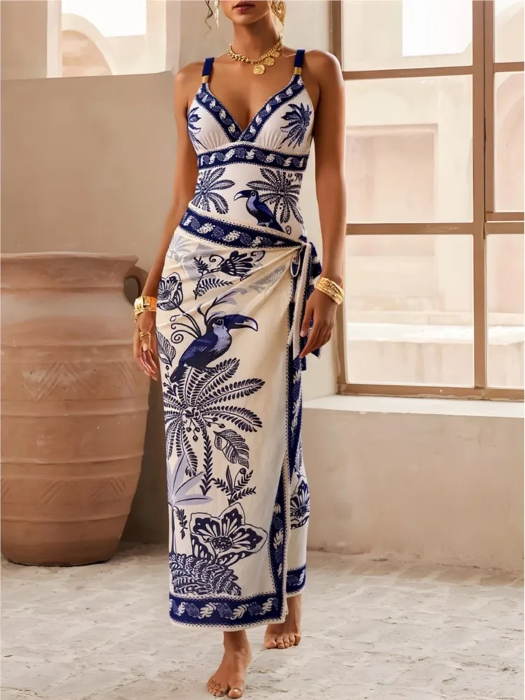 レトロなビキニプリントファッションツーピース水着とスカート付きカバーアップタイトな女性の包帯夏のビーチ高級エレガント