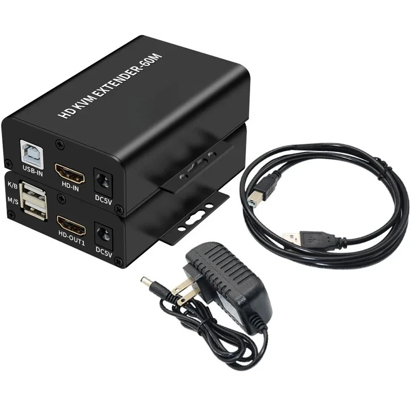 60M HDMI KVM Extender Over Cat6 Ethernet Cable Audio Video Transmitter and Receiver Support USB Keyboard Mouse One Power Adapter