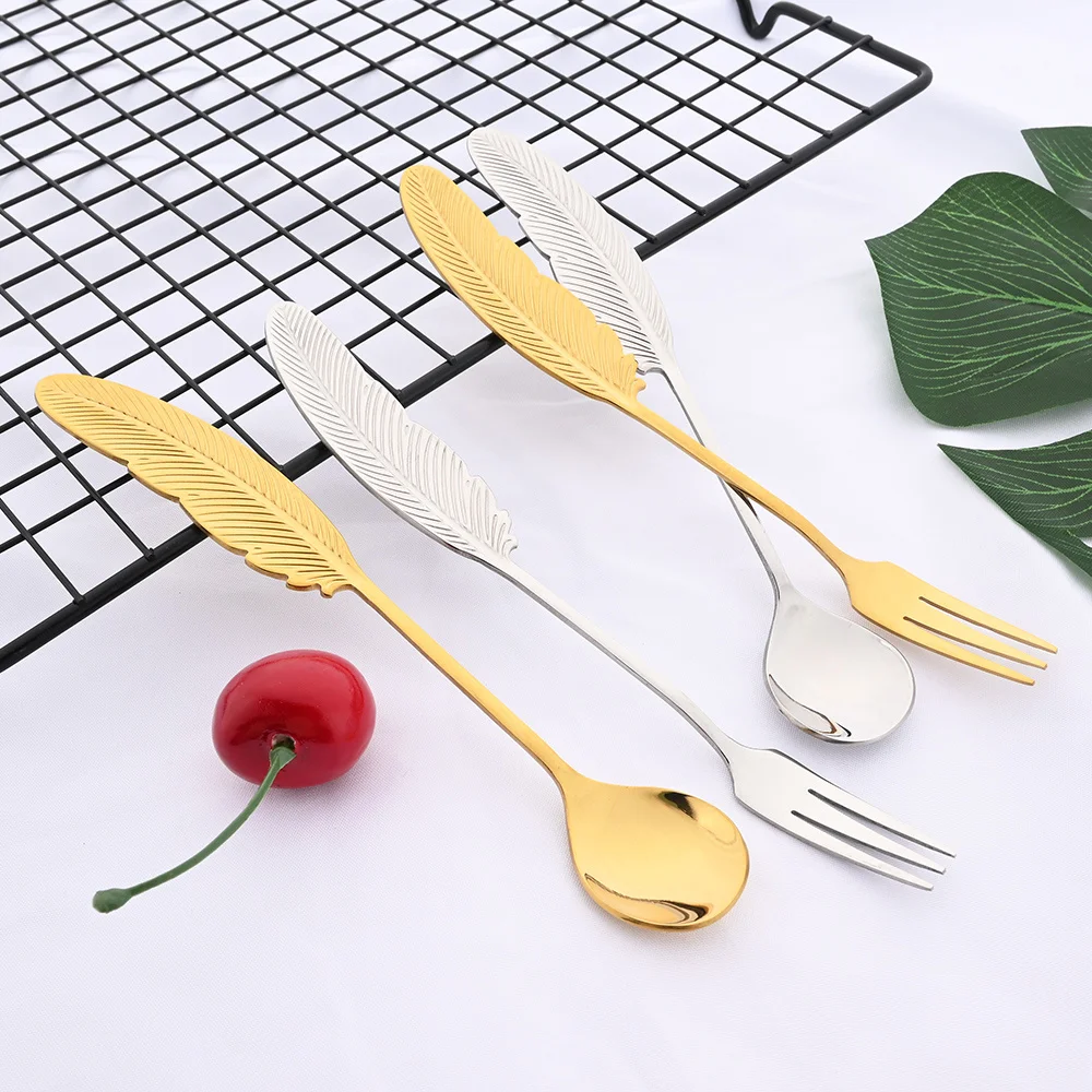 8PCS Gold Feather Coffee Spoon 4 And Appetizer Fork 4 Tableware Dessert Utensils Set Teaspoon Stirring Spoon Fruit Cake Fork