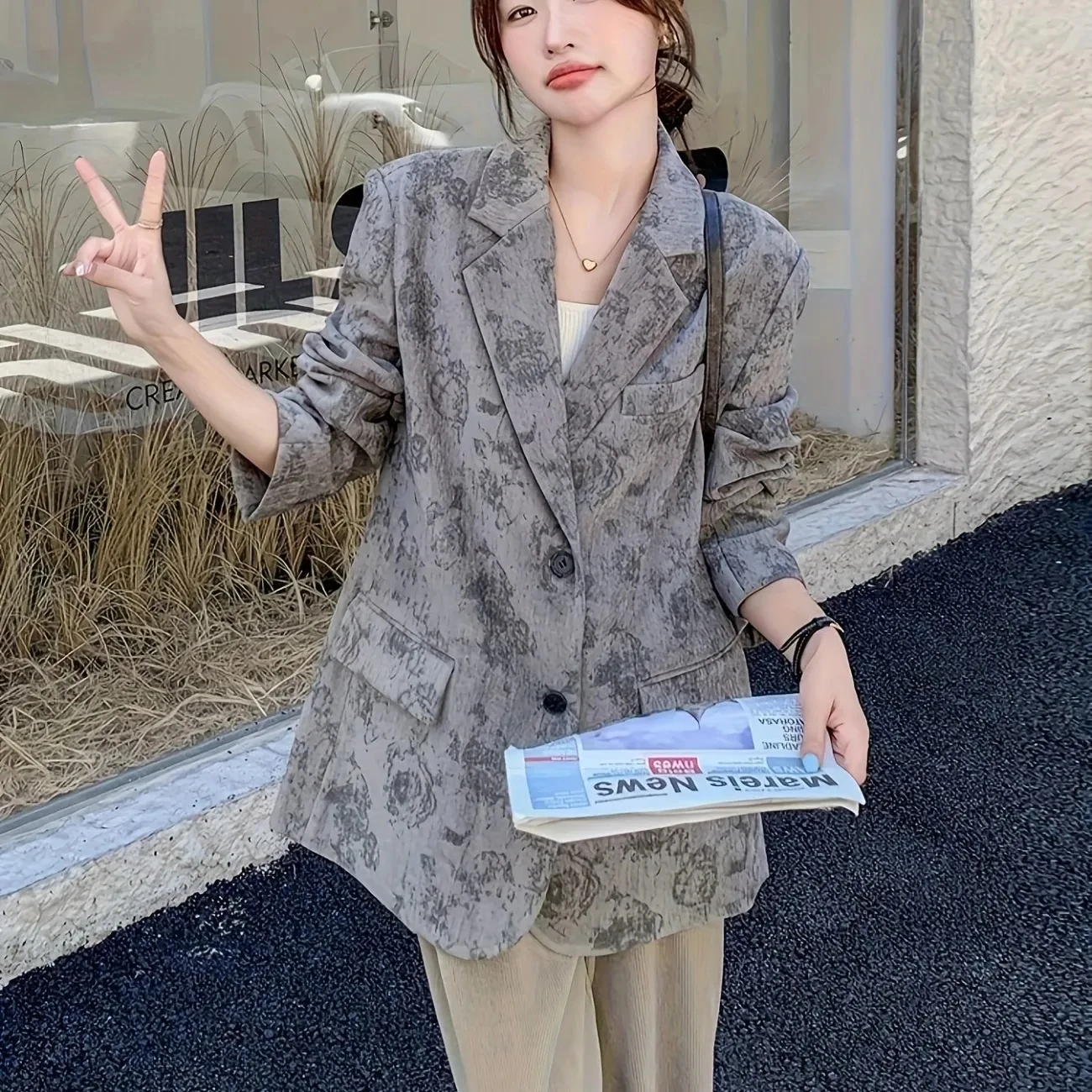 Korean Style Printed Suit Jacket For Women Spring Autumn 2025 New Lazy Loose Casual Floral Blazer w1485