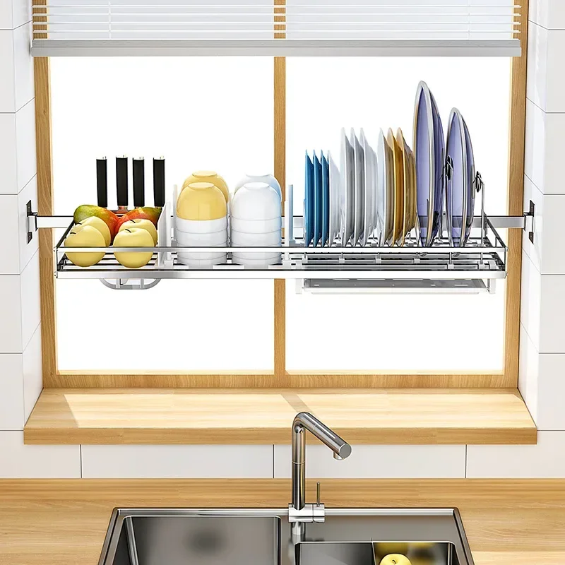 New model 304 stainless steel window sill shelf bowl rack dish rack pot rack wall mounted kitchen drain rack storage rack