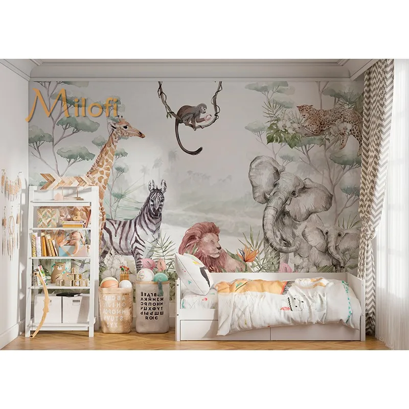 Milofi customized high-end mural tropical jungle giraffe warm cartoon wallpaper children's room home decoration