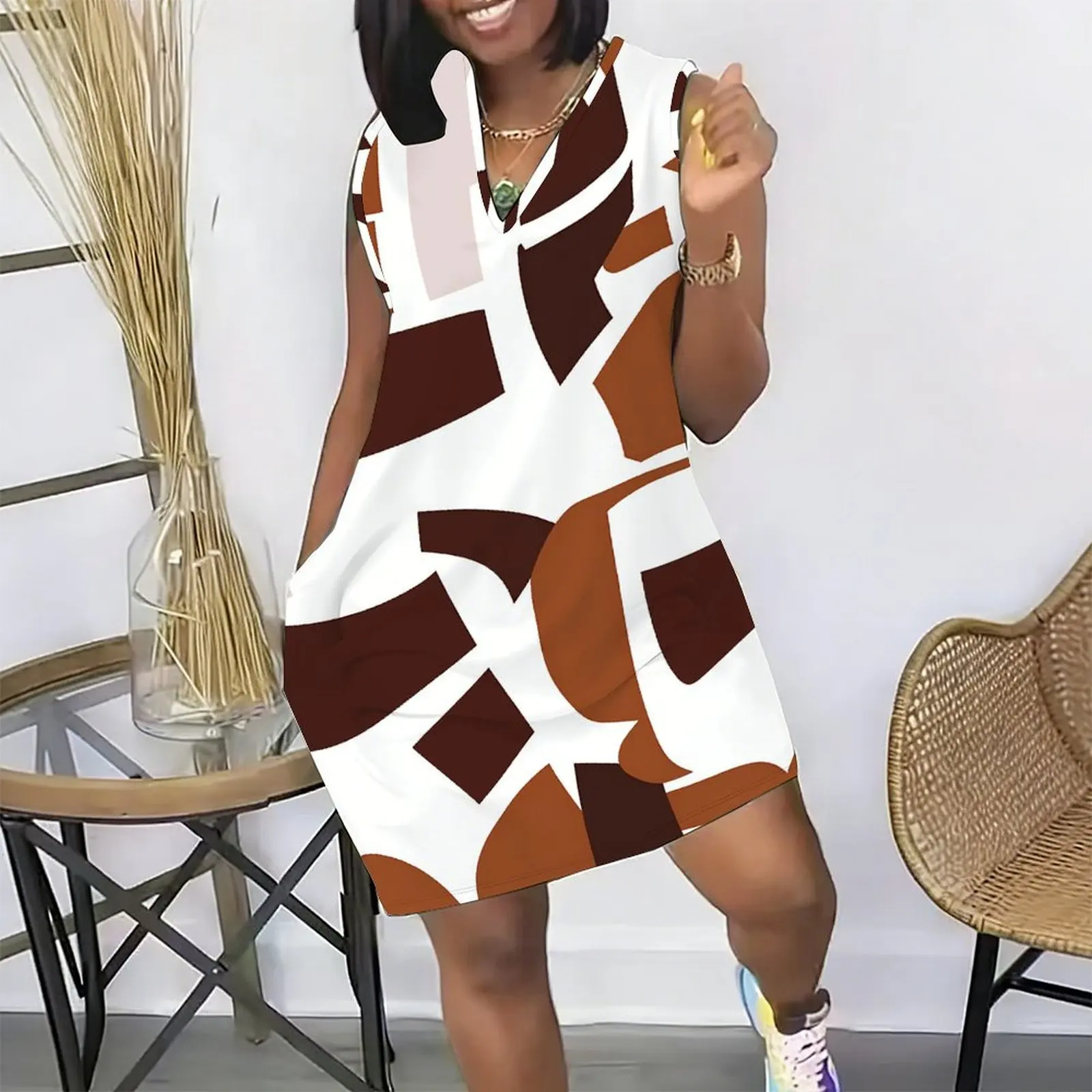 Plus Size Summer Pocket Midi Dress Women's Commuting Casual Knee Length Skirt Ladies Sexy V-neck Printed Dress