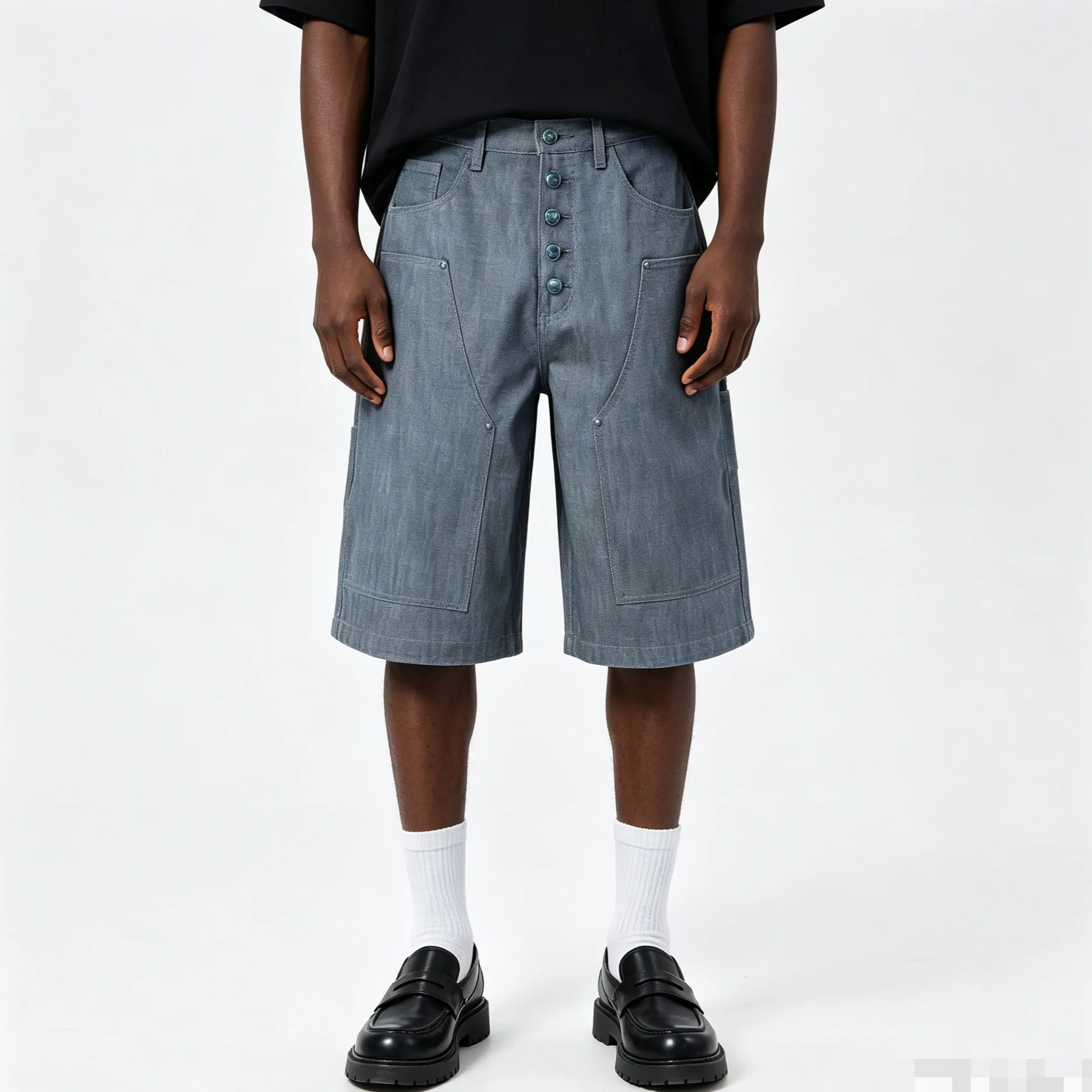 Turquoise Button Straight Jean Shorts for Men Streetwear Baggy Casual Capri Denim Shorts Relaxed Fit Workwear Wide Leg Jorts