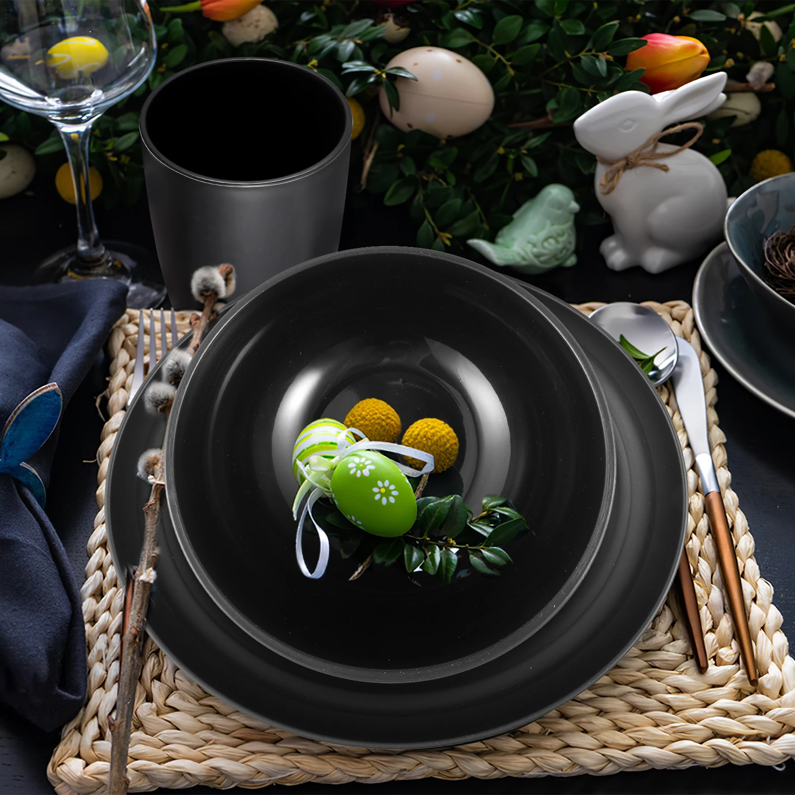 

12 Pieces Wheat Straw Dinnerware Set Black Plates Bowls Camping Picnic Dorm Safe Material Heat Resistant Versatile