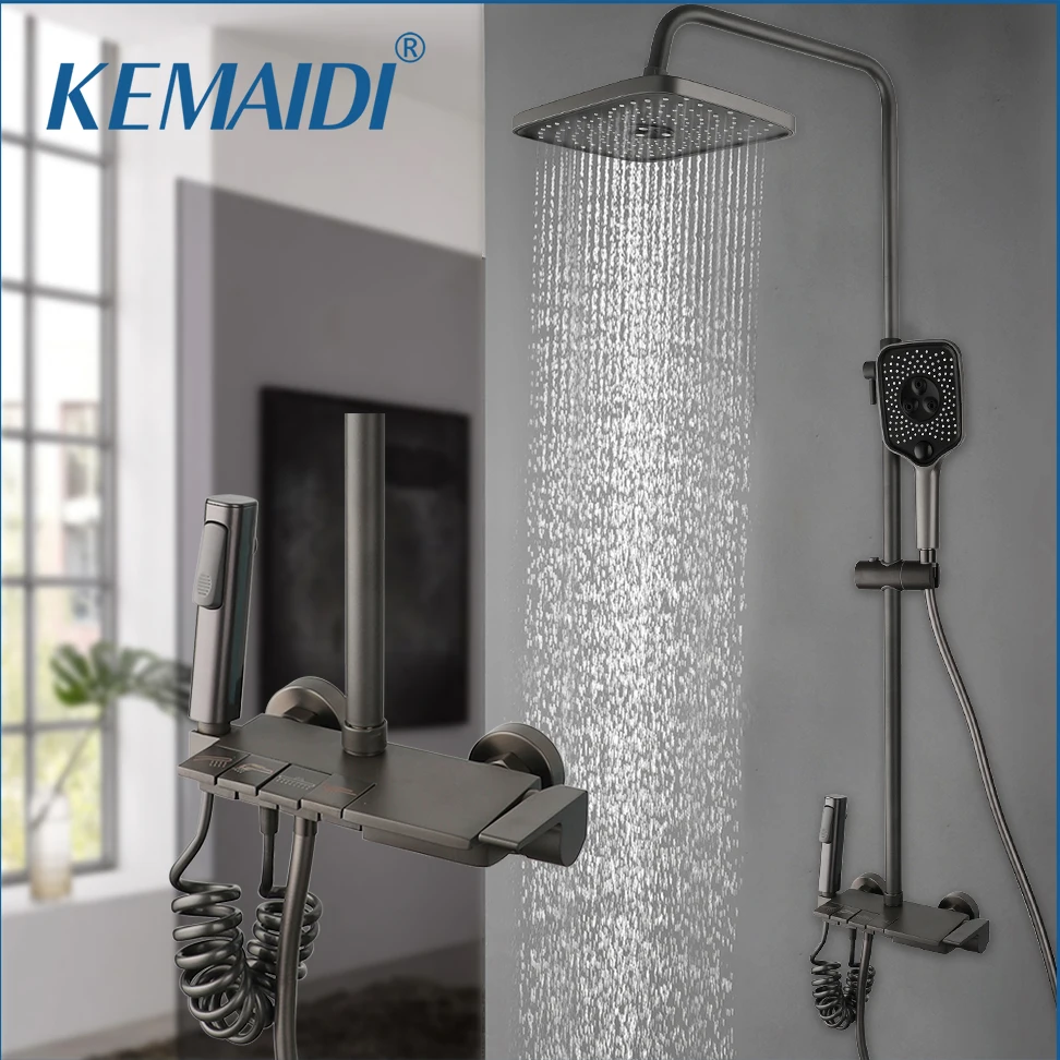 KEMAIDI Gun Grey Shower System Wall Mounted Hot Cold Mixer Shower Set Bathroom Rainfall Bath Faucet Bathtub Modern Piano Key 