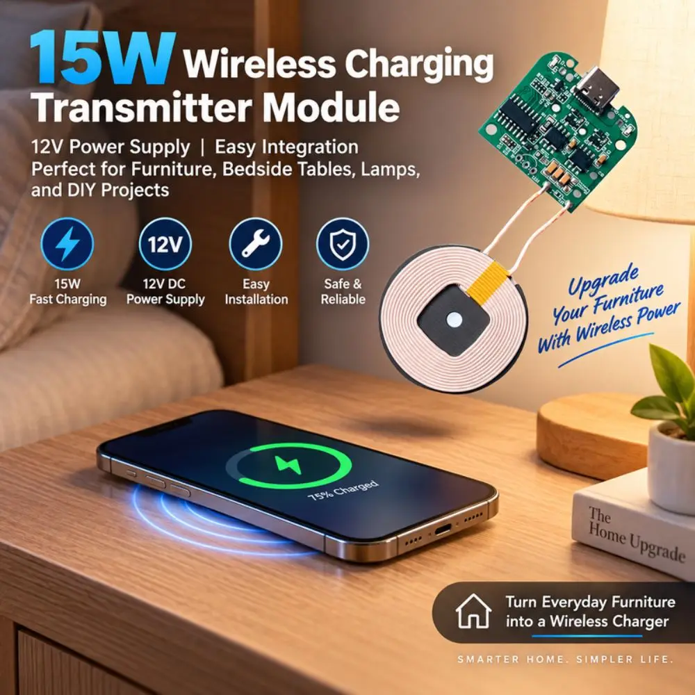 15W Power Wireless Charger Module DC5V/9V/12V Input Pop-Up Notification Fast Charging Circuit Board Display Feature