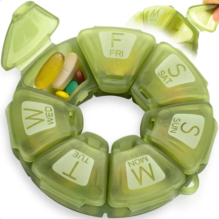 

Round Weekly Pill Organizer TPU Rubberized Travel Pill Container 7 Day with 7 Large Compartments Great for Daily Vitamins and p