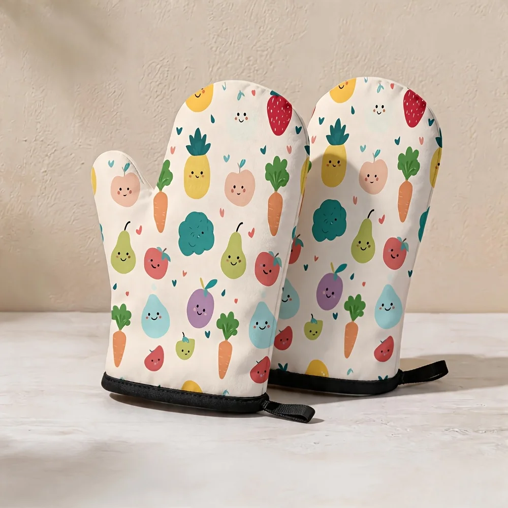 A Set of 2 Adorable Fruit and Vegetable Pattern Oven Mitts, Featuring a Cream-colored Base with Cartoon Joyful Face Prints