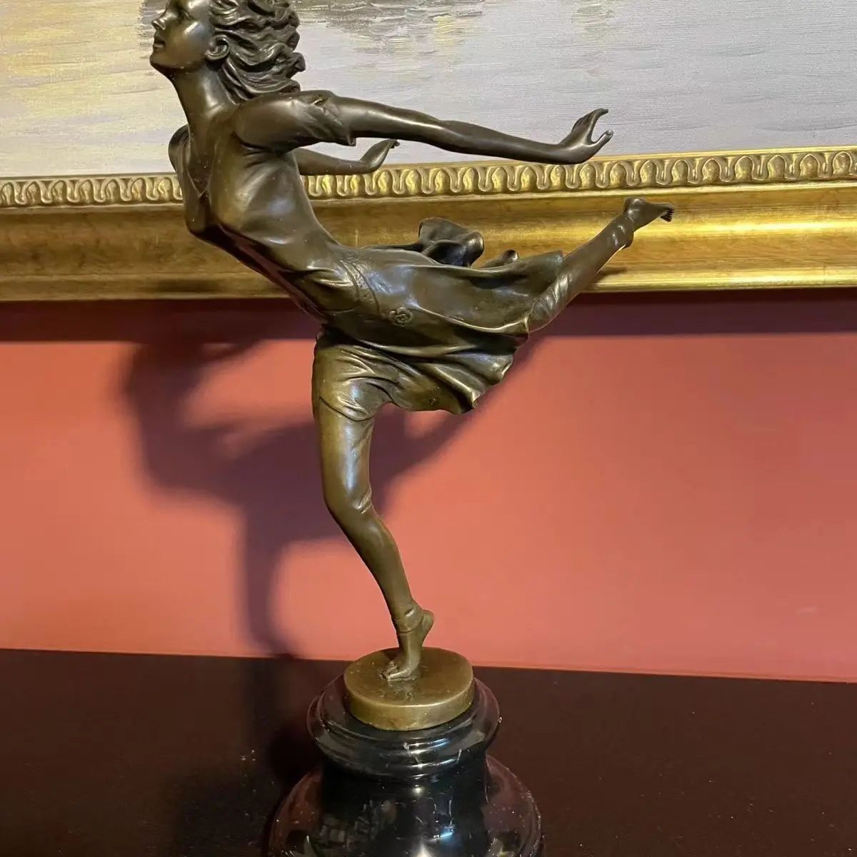 Bronze Running Woman Statue Figurine Modern Sculpture Marble Base Gorgeous Home Decoration