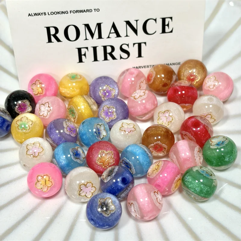 

2026 Newest 56pcs/lot 16mm color flowers pattern geometry rounds shape resin beads diy jewelry garment hair accessory