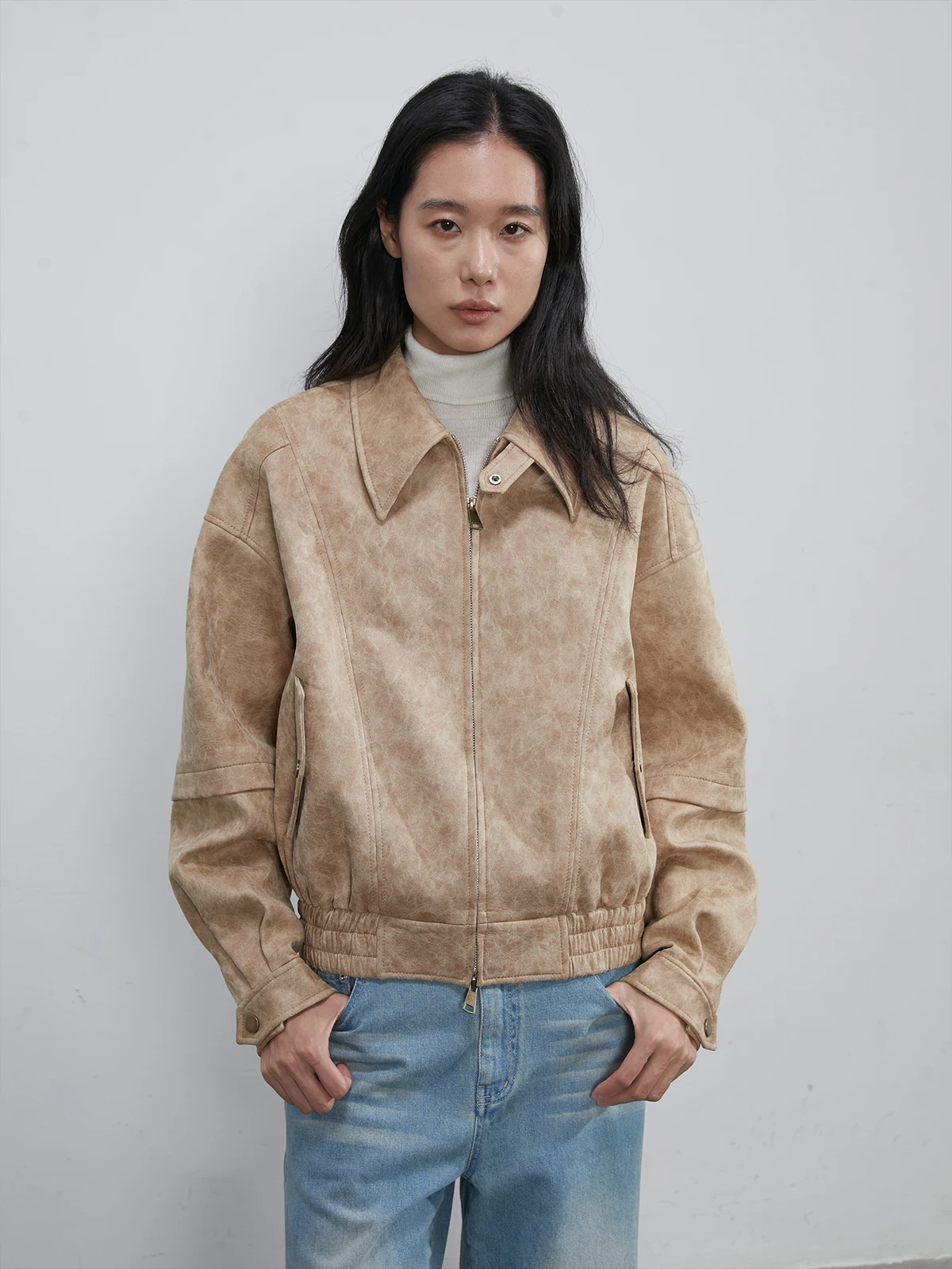 Giacca Moto in Pelle Scamosciata Retrò Neutra da Donna, Nuova Collezione Primavera Autunno 2025, Giacca in Pelle Senza Etichetta per Pendolarismo