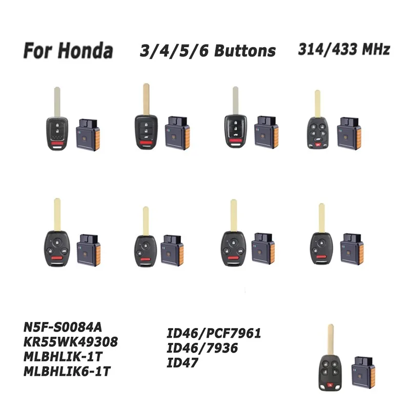 

3/4/5/6 кнопки OBD комплекты программатор ключей 314/433 МГц N5F-S0084A/KR55WK49308/ MLBHLIK-1T/ MLBHLIK6-1T для автомобильных аксессуаров Honda