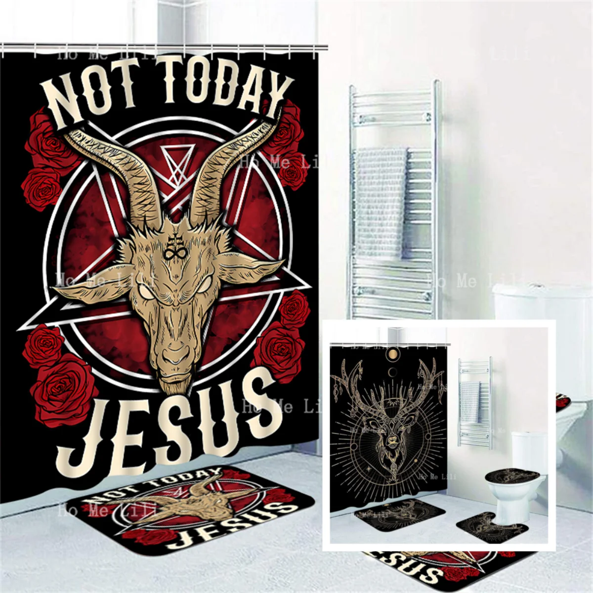 Not Today Jesus Gave Satan The Atheist Black Devil Satan The Pentagram Divine Geometric Deer  Shower Curtain Sets With Rugs