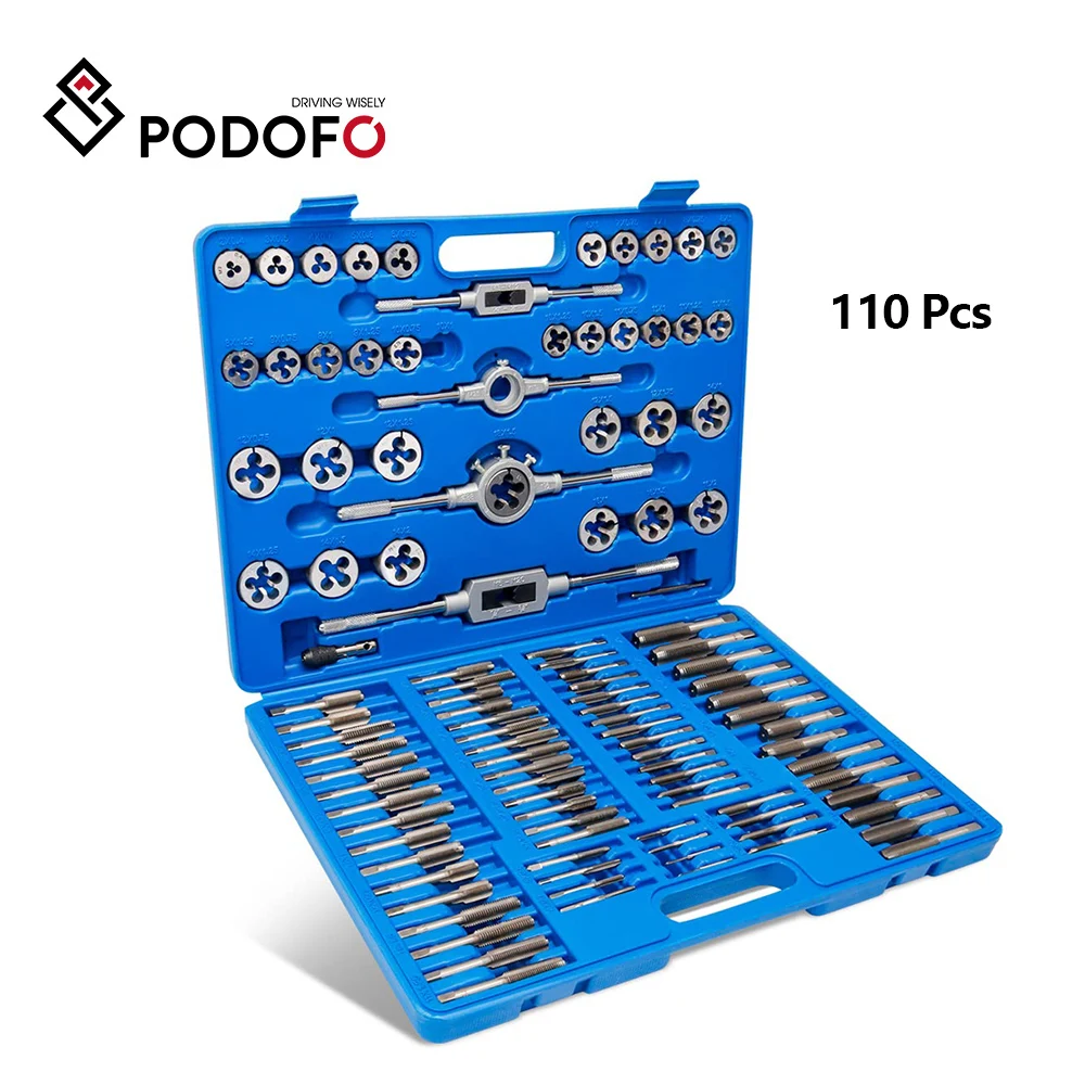 Podofo Tap and Die Set 110Pcs Metric and Standard Bearing Steel Hand Titanium Tools Kit  Essential Threading Tool