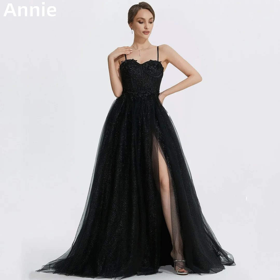 Annie Black Prom Dress Glitter Embroidered Tulle Women'sEvening Dresses Wedding Dress Formal Occasions Dresses Vestidos De Noche