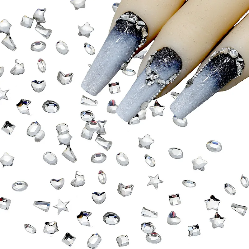 100 Stück glitzernde kleine weiße Diamanten mit flacher Rückseite, Mini-Edelsteine, Stern, Liebe, quadratisch, Nagelkunst, Strasssteine, Dekorationen, Maniküre, XXS-Charms