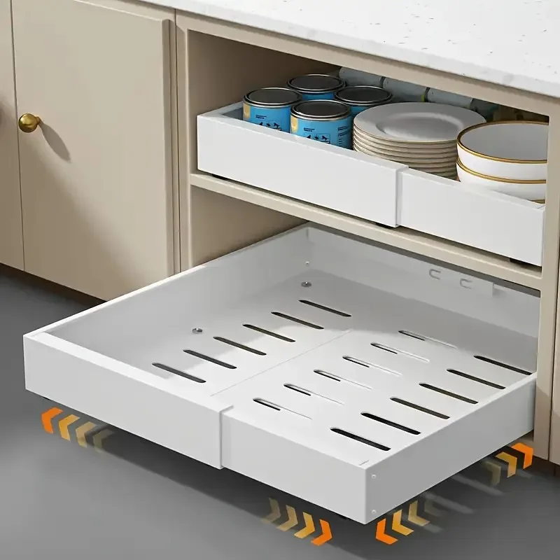 

Pull-out Cabinet Storage Rack with 3 Silent Slide Rails, No Drilling Required, Suitable for Kitchen Spice Tableware Organization